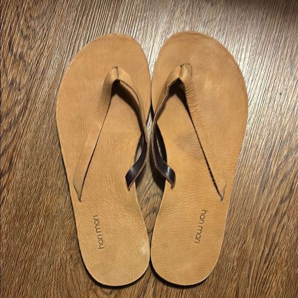 HARI Tan Leather Flip Flop Sandals with Dark Brown Straps